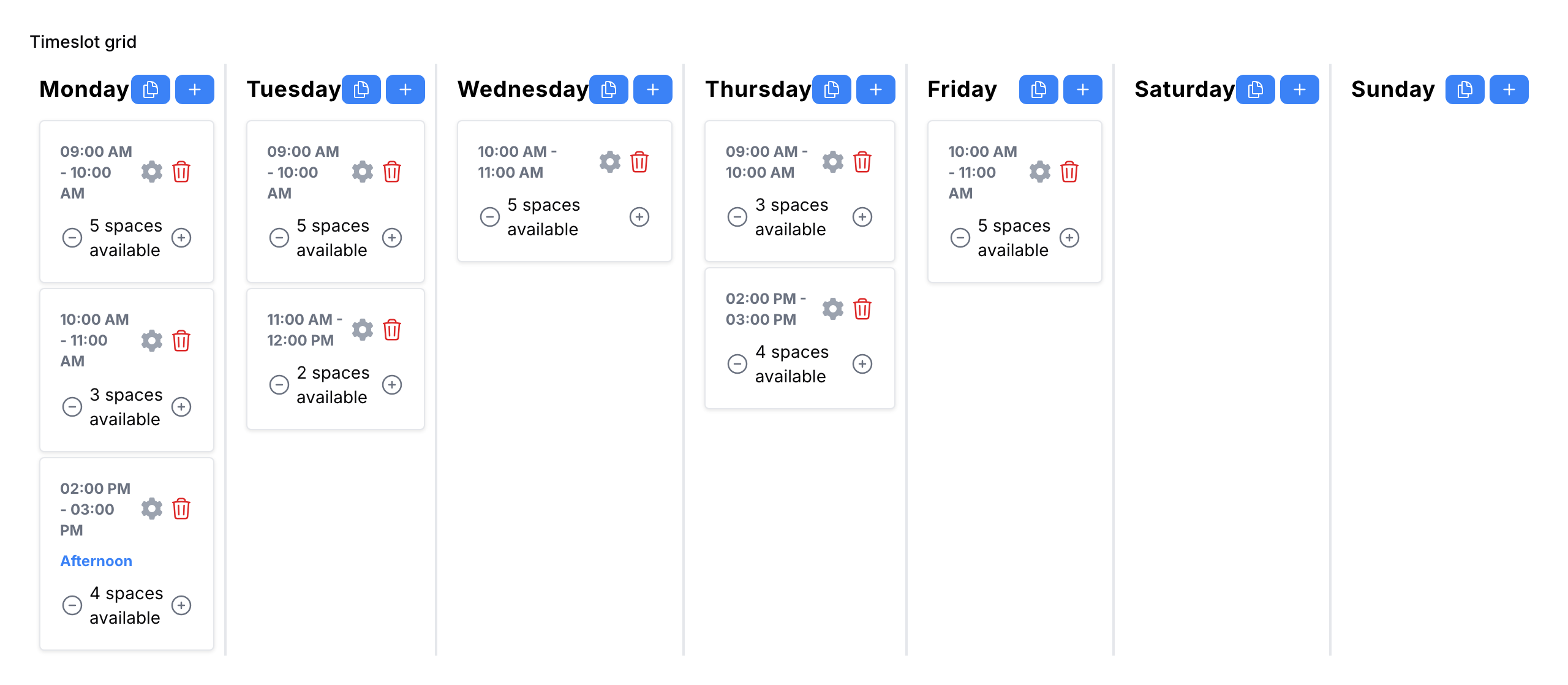 Step 2: The 7-day grid showing Bulk Add and Single Add buttons on each day column