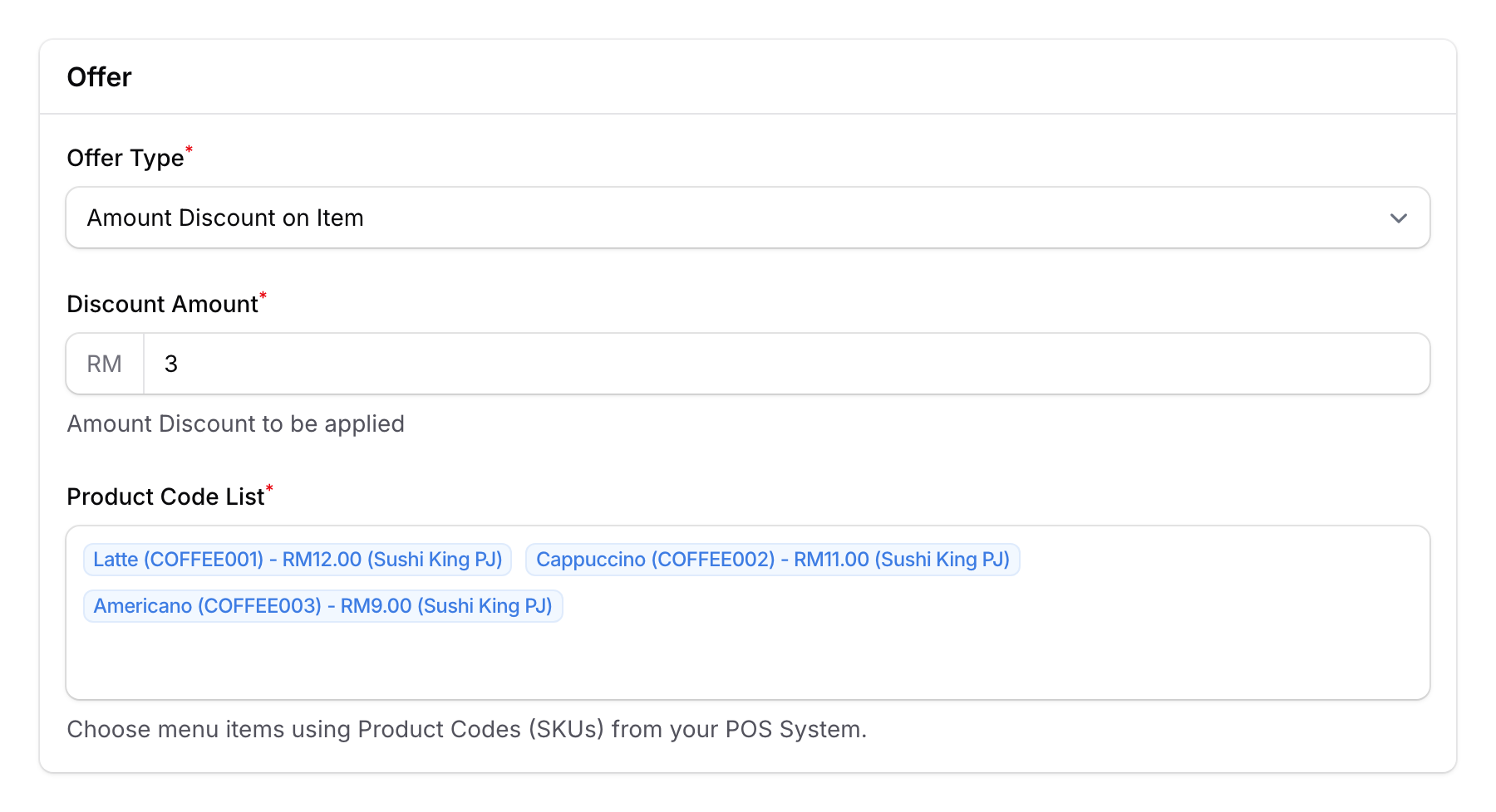Offer section showing Amount Discount on Item with RM 3 discount and three coffee products selected in Product Code List