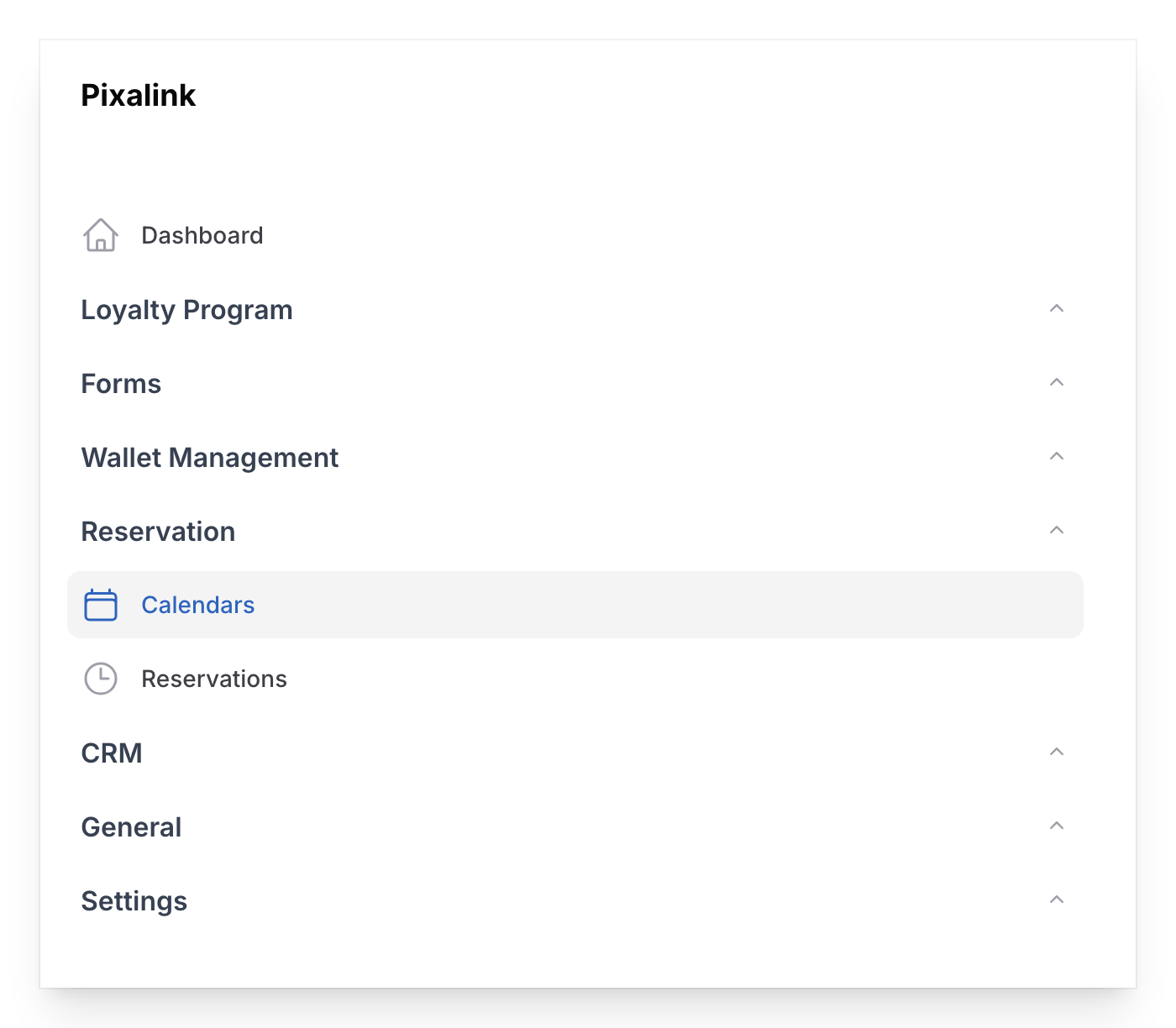 Admin Panel sidebar with only Reservation group expanded, showing Calendars highlighted