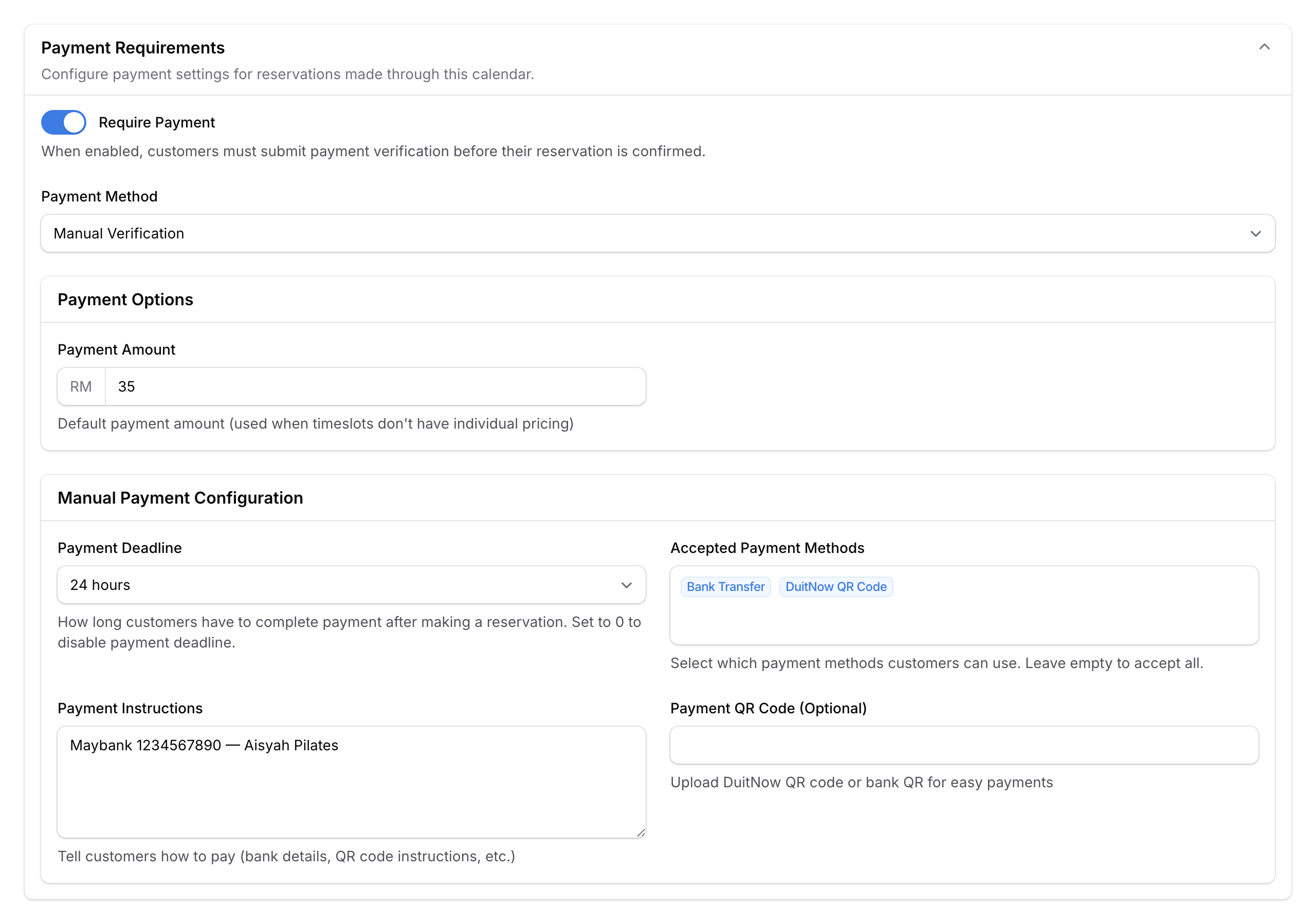Step 4: Manual payment settings with deadline, accepted methods, instructions, and QR code fields at laptop width