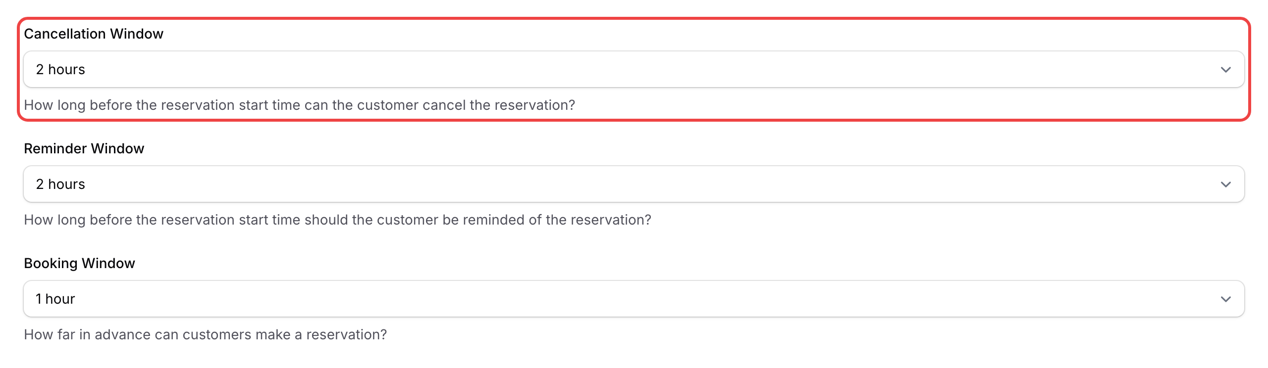 Step 5: Cancellation Window field highlighted with 2 hours selected