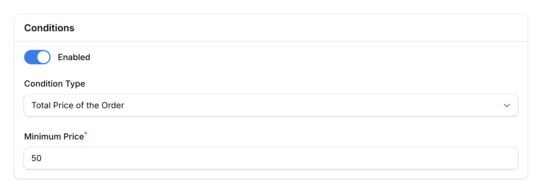 Conditions section showing Total Price of the Order type with Minimum Price field set to 50