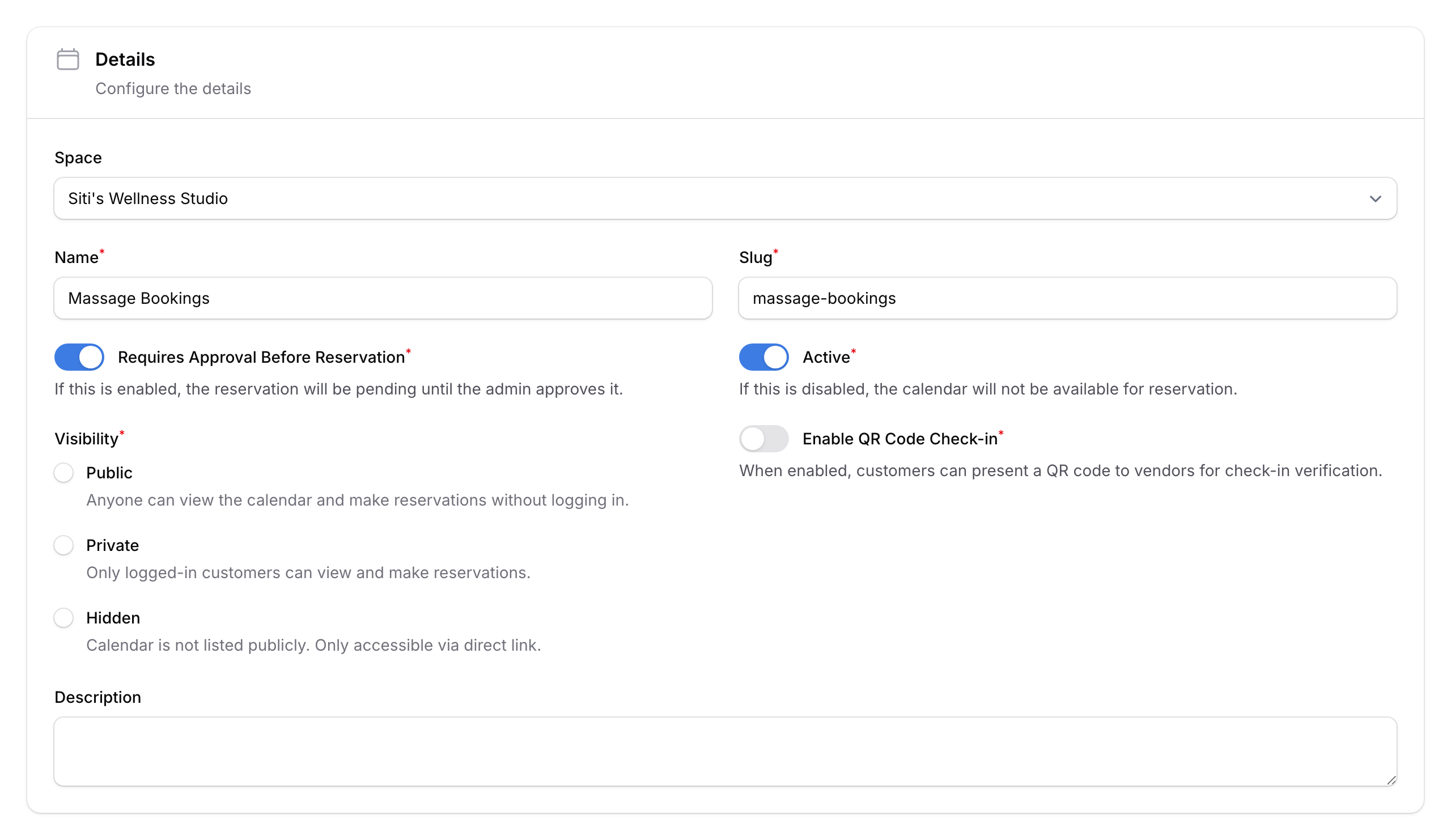 Step 2: Calendar Details wizard step showing Space, Name, Slug, Approval, Active, Visibility, and QR Code fields