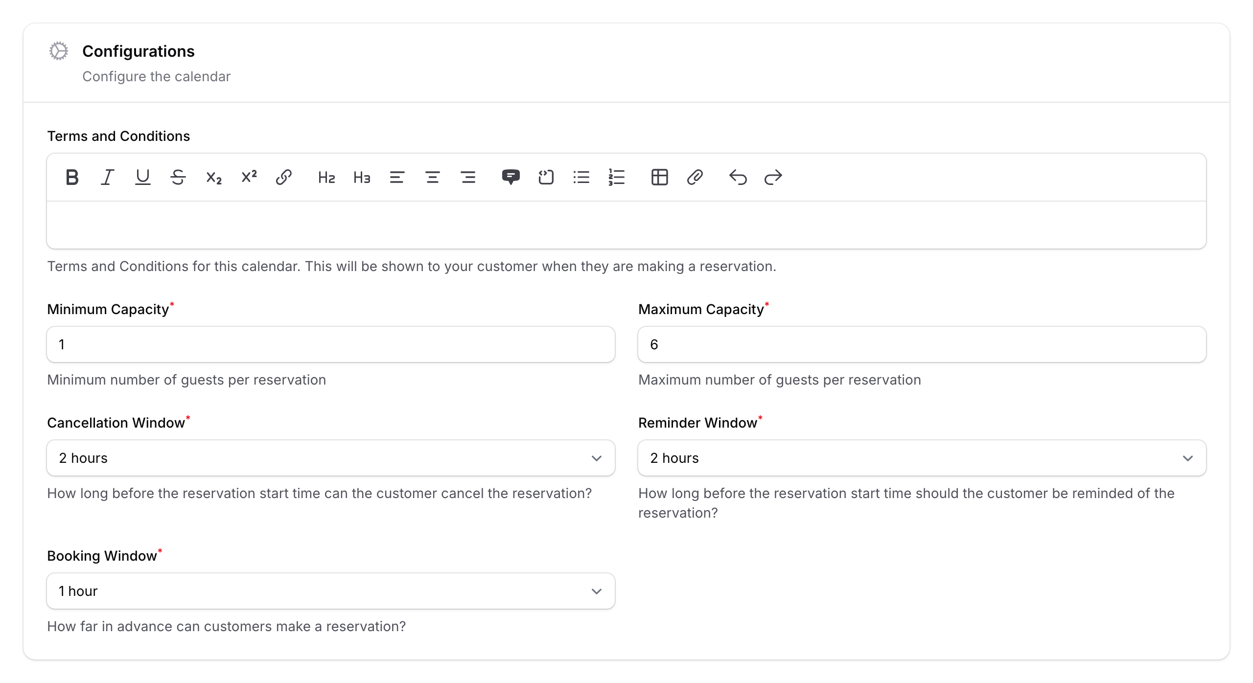 Step 3: Configuration wizard step showing Terms, Capacity, Cancellation Window, and Reminder fields