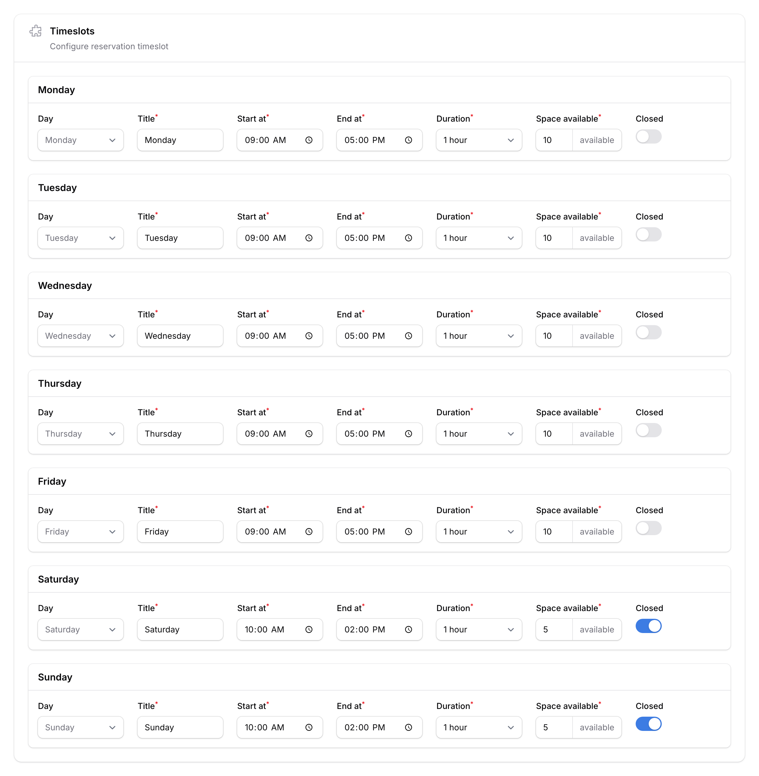 Step 4: Timeslots wizard step showing 7-day weekly schedule with time, duration, and capacity per day