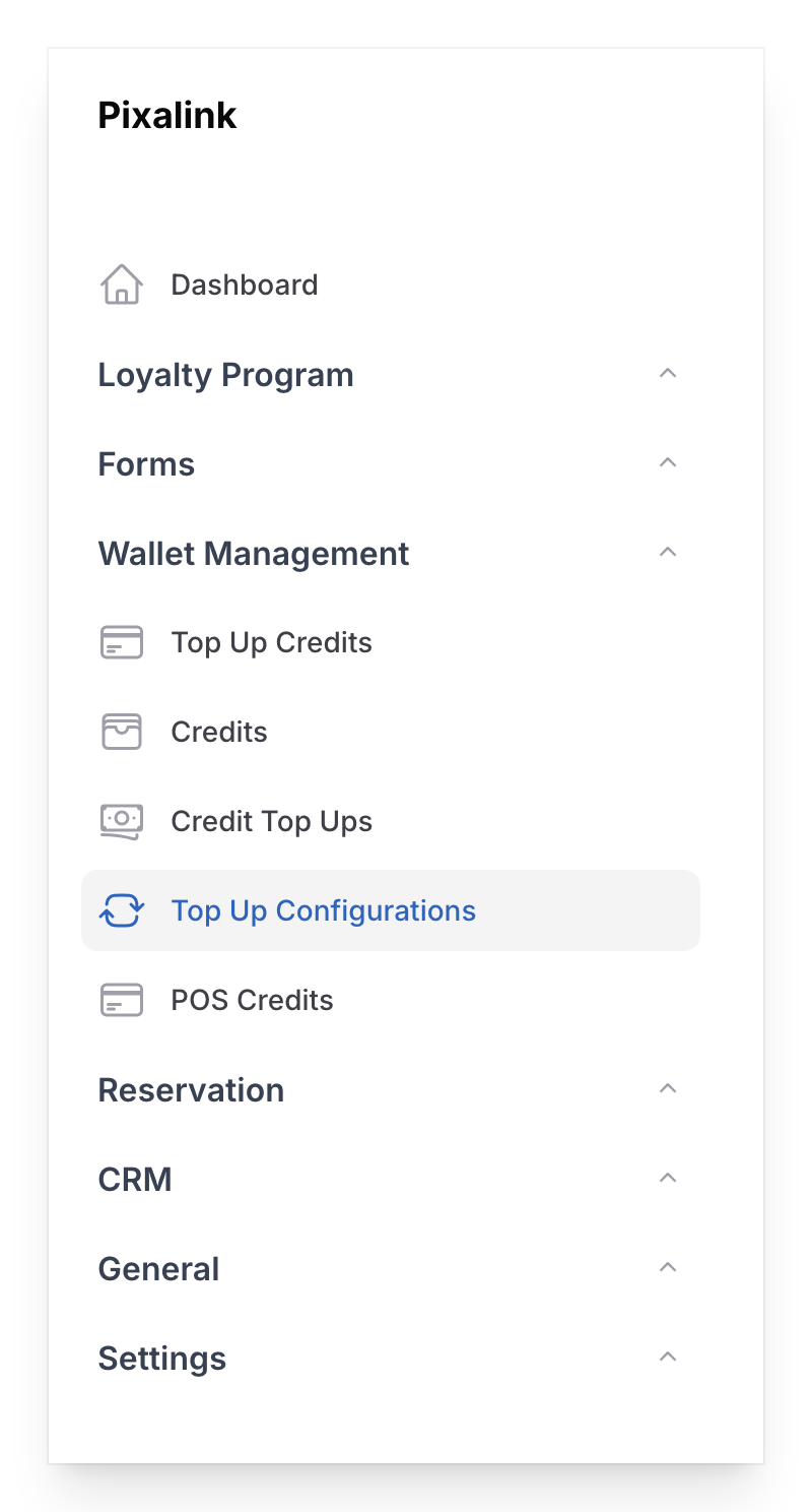 Sidebar showing Wallet Management group with Top Up Configurations highlighted
