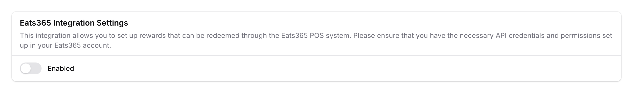 Eats365 Integration Settings section with Enabled toggle turned off
