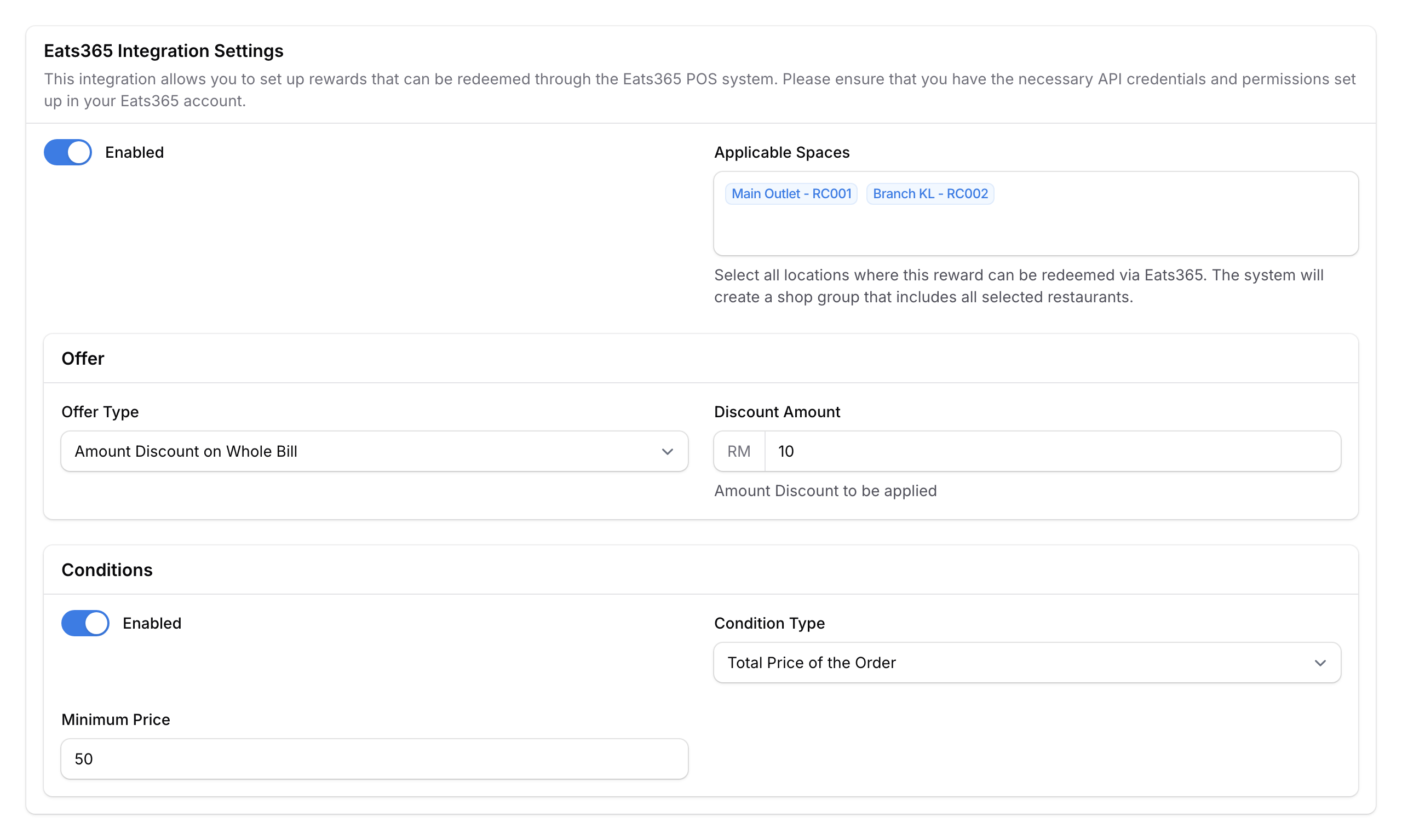 Eats365 Integration Settings enabled with offer type, discount value, and type code filled in