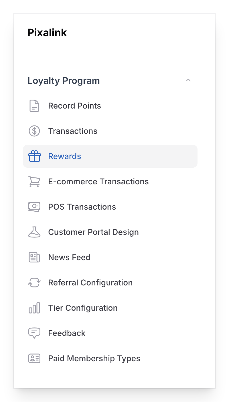 Sidebar showing Loyalty Program group with Rewards highlighted