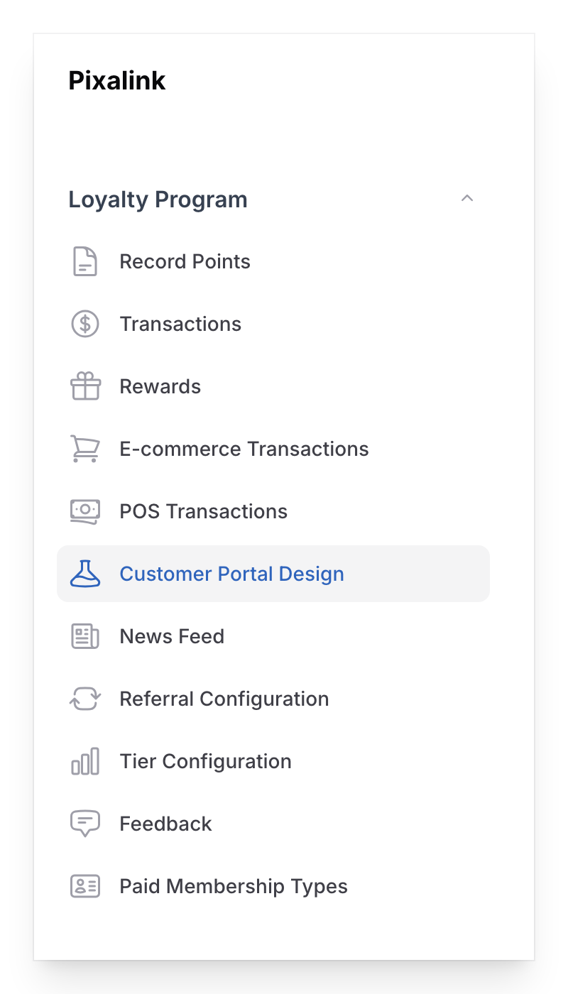 Sidebar showing Loyalty Program group with Customer Portal Design highlighted
