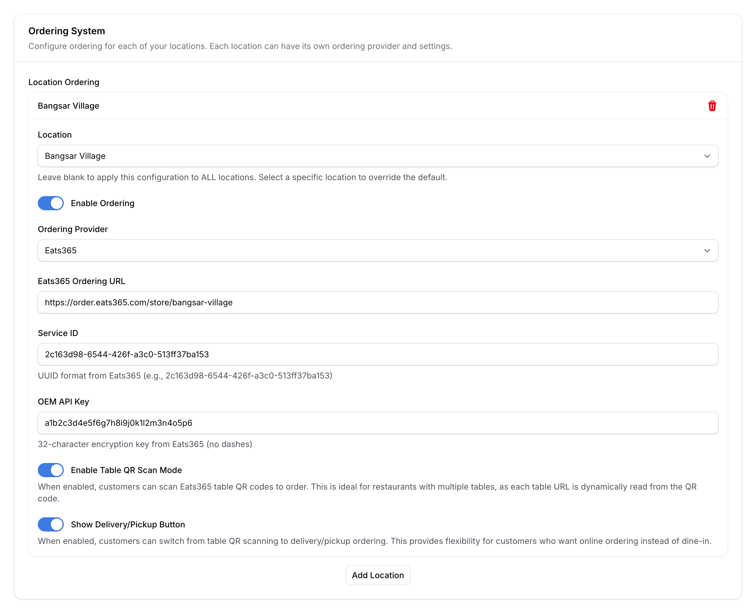 Ordering System section with Eats365 provider, credentials, QR Scan Mode and Delivery/Pickup toggles