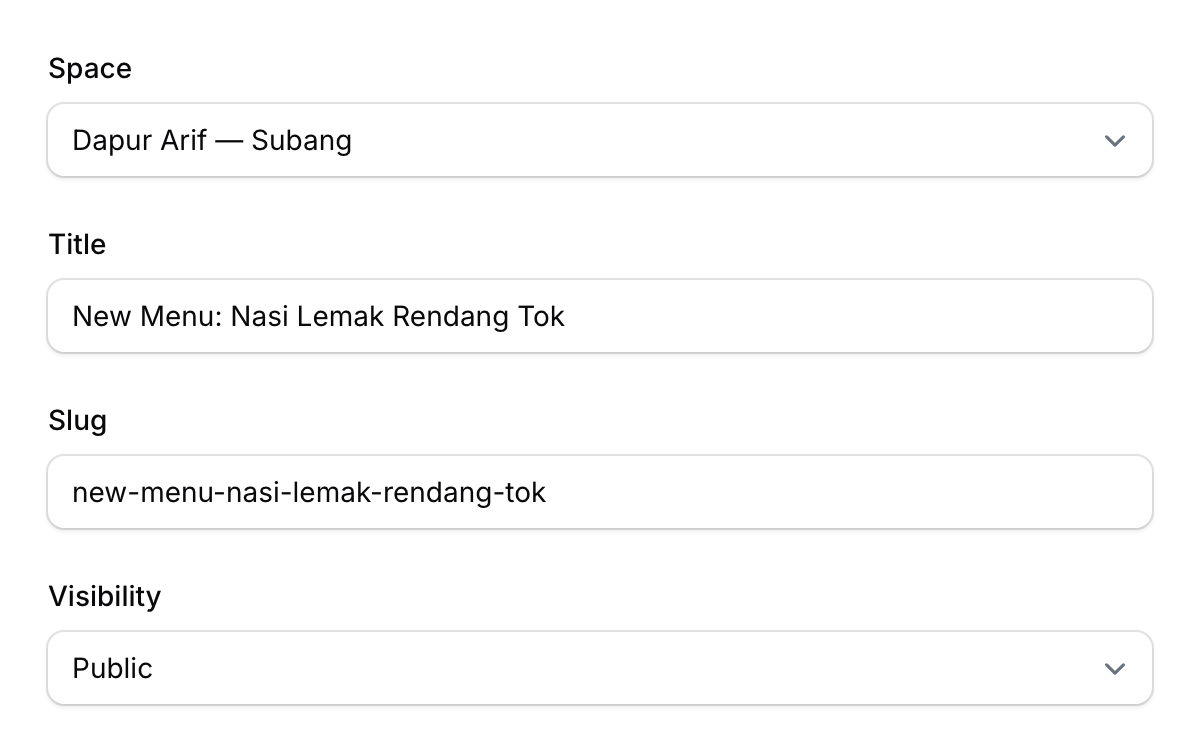 Post form showing space, title, slug, and visibility fields