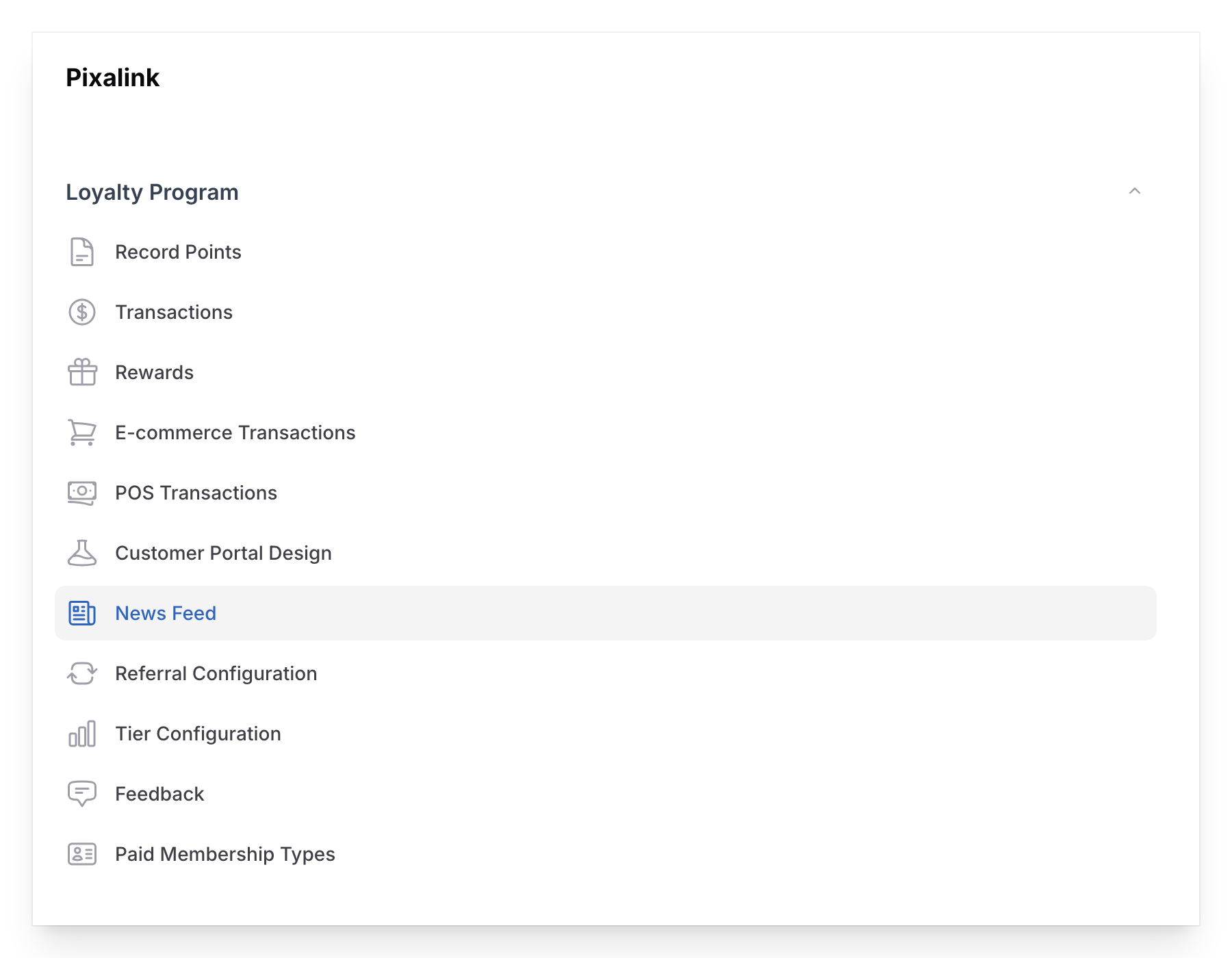 Navigate to News Feeds under Loyalty Program in the Admin Panel sidebar