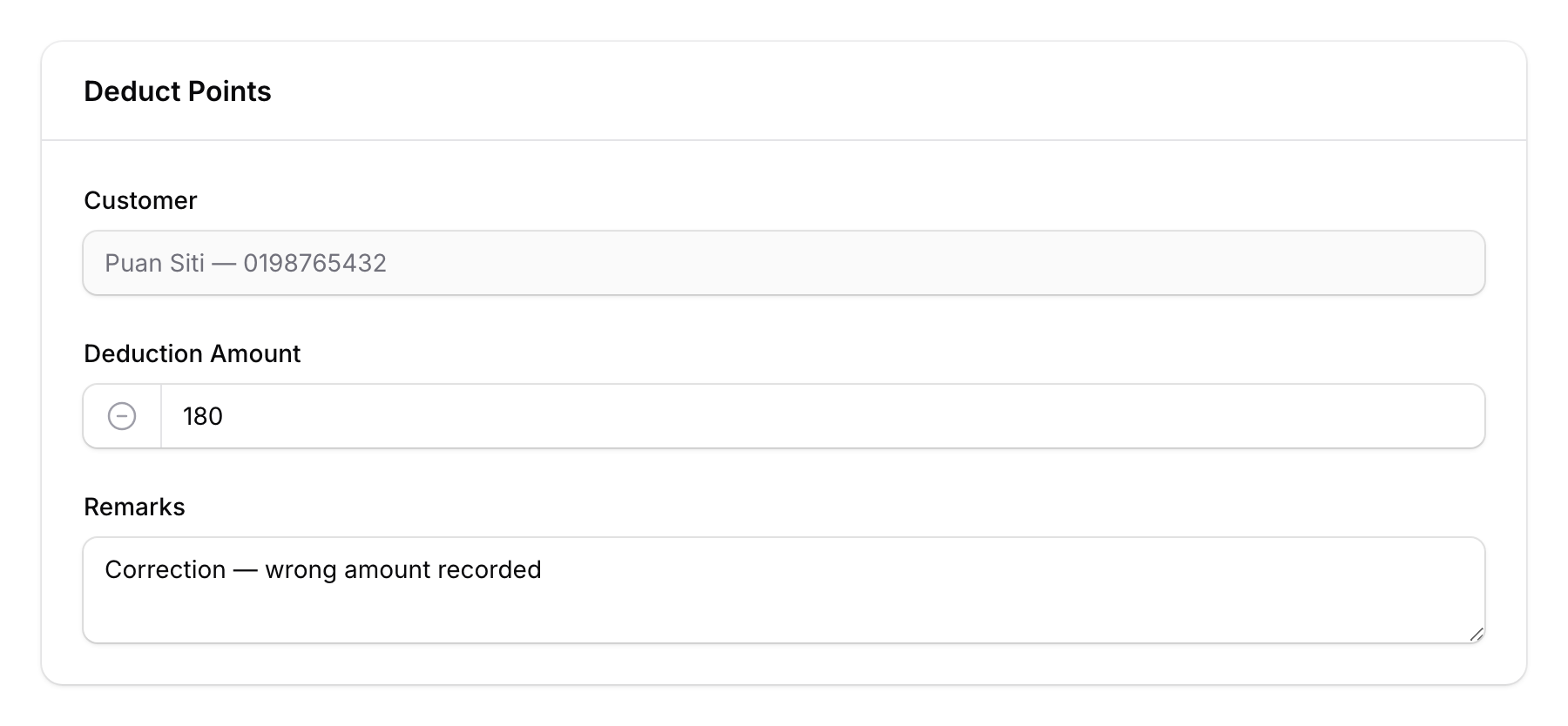 Deduct Points form showing amount and remarks fields
