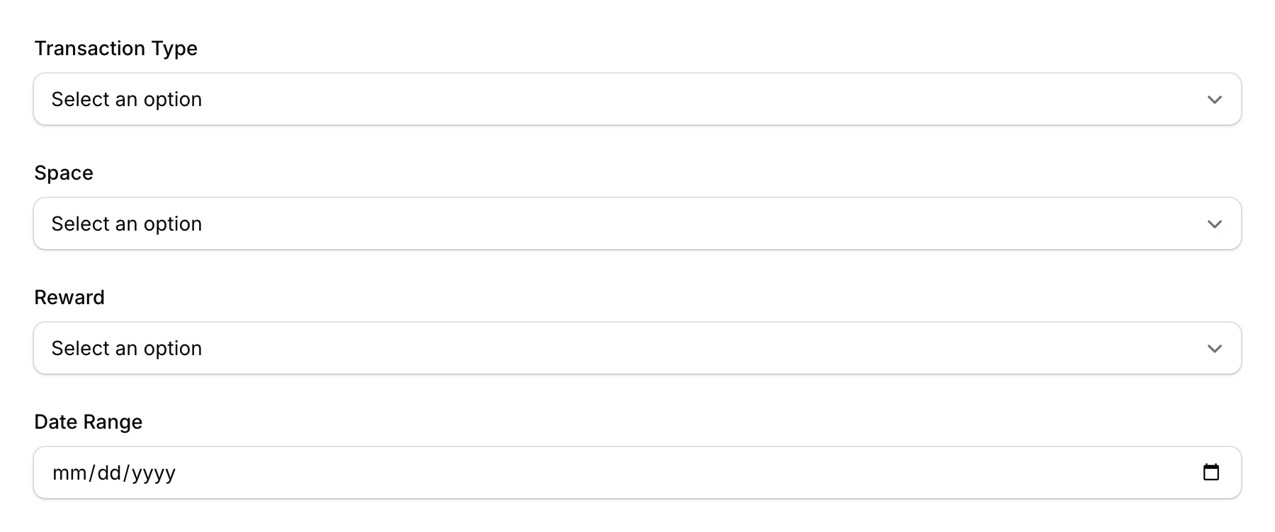 Transaction filter options showing Transaction Type, Space, Reward, and Date Range fields