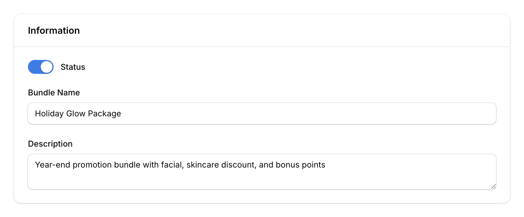 Reward Bundle form showing status toggle, bundle name, and description fields