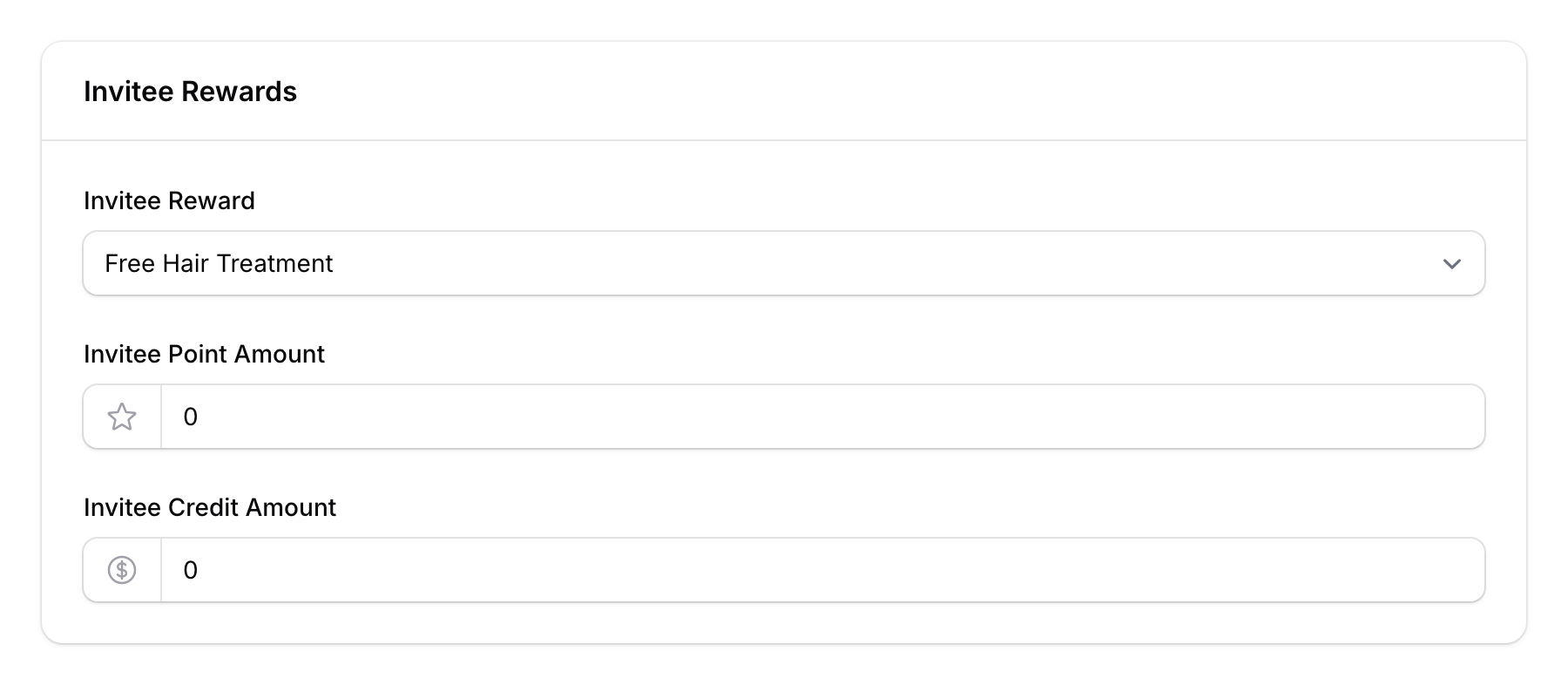 Referral invitee configuration form showing reward selection and point amount
