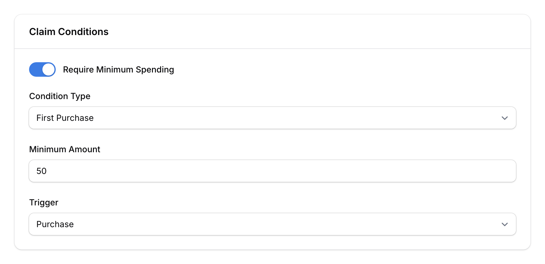 Referral claim conditions showing minimum spending toggle, condition type, and amount