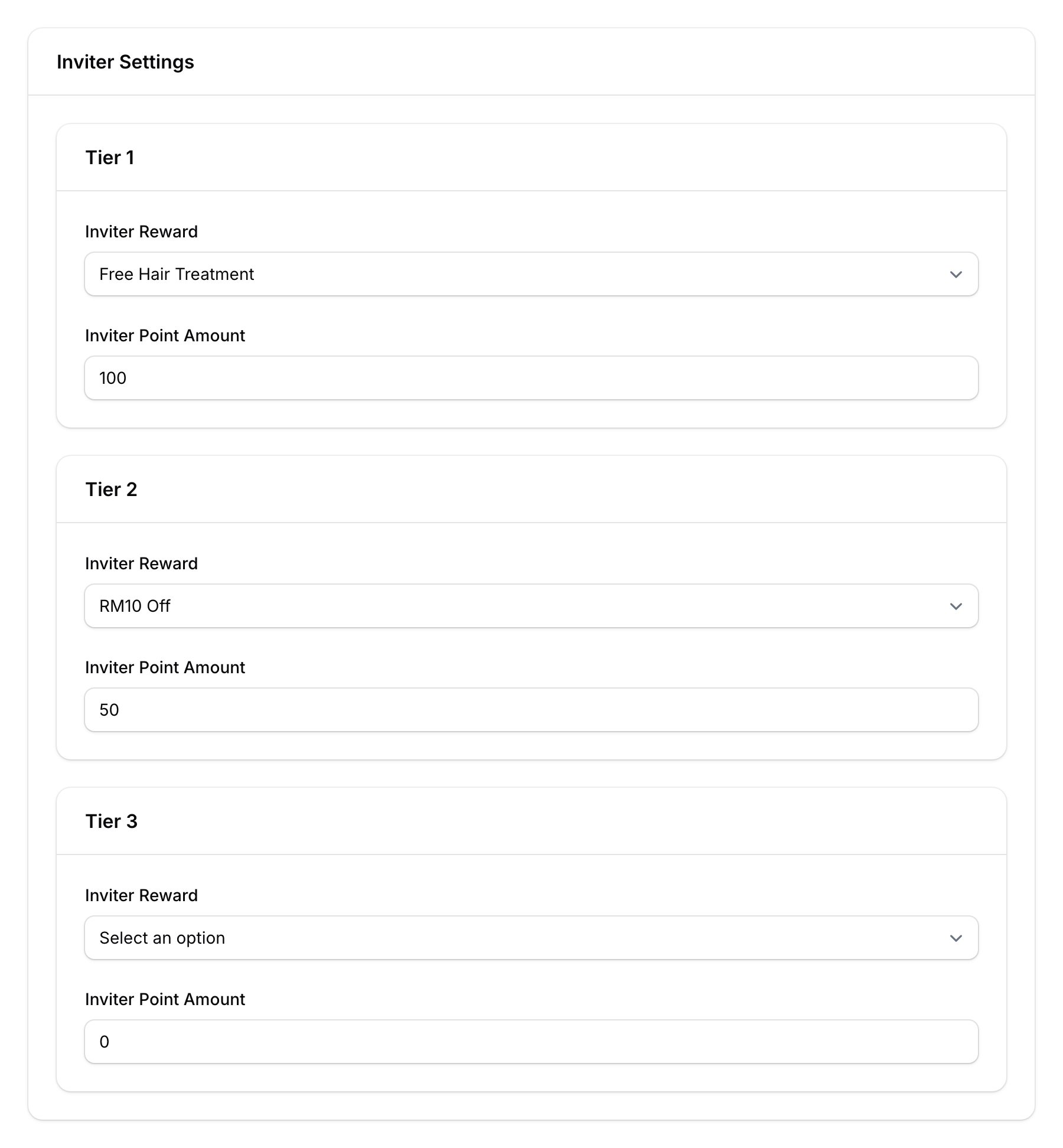 Inviter Settings tab showing three reward tiers with reward selection and point amount fields