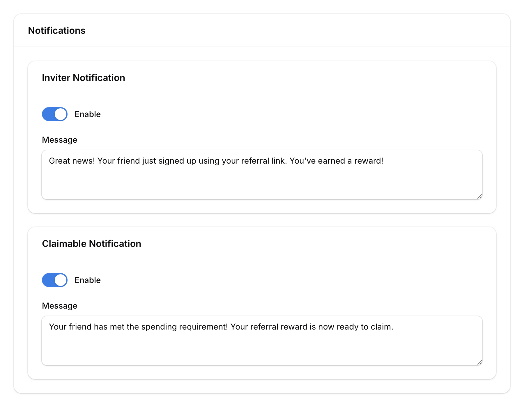Notifications tab showing Inviter Notification and Claimable Notification sections with enable toggles and message fields