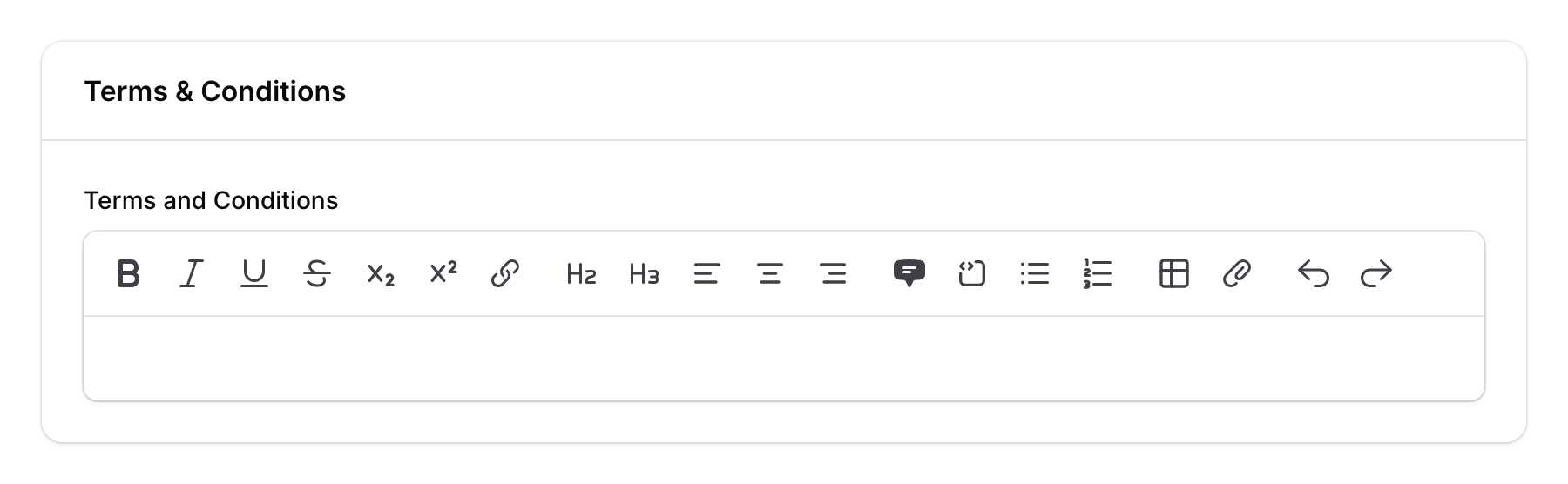 Terms and Conditions section showing the editable terms text area with pre-filled default content