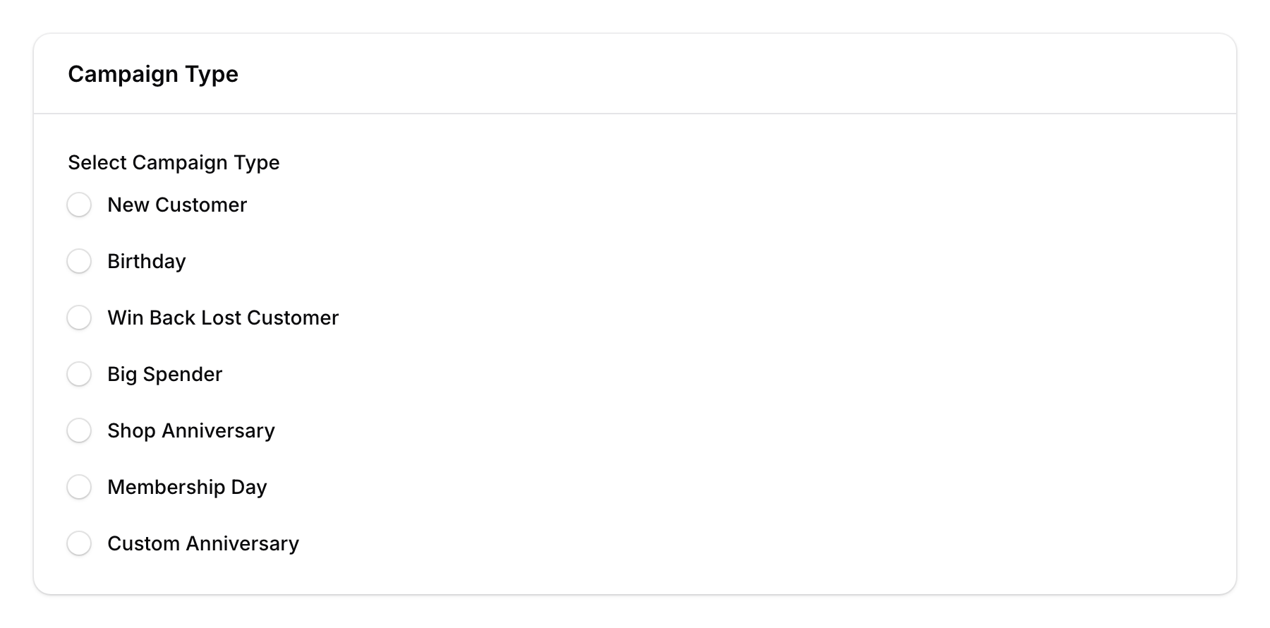 Campaign type radio buttons showing New Customer, Birthday, Win Back, and other options