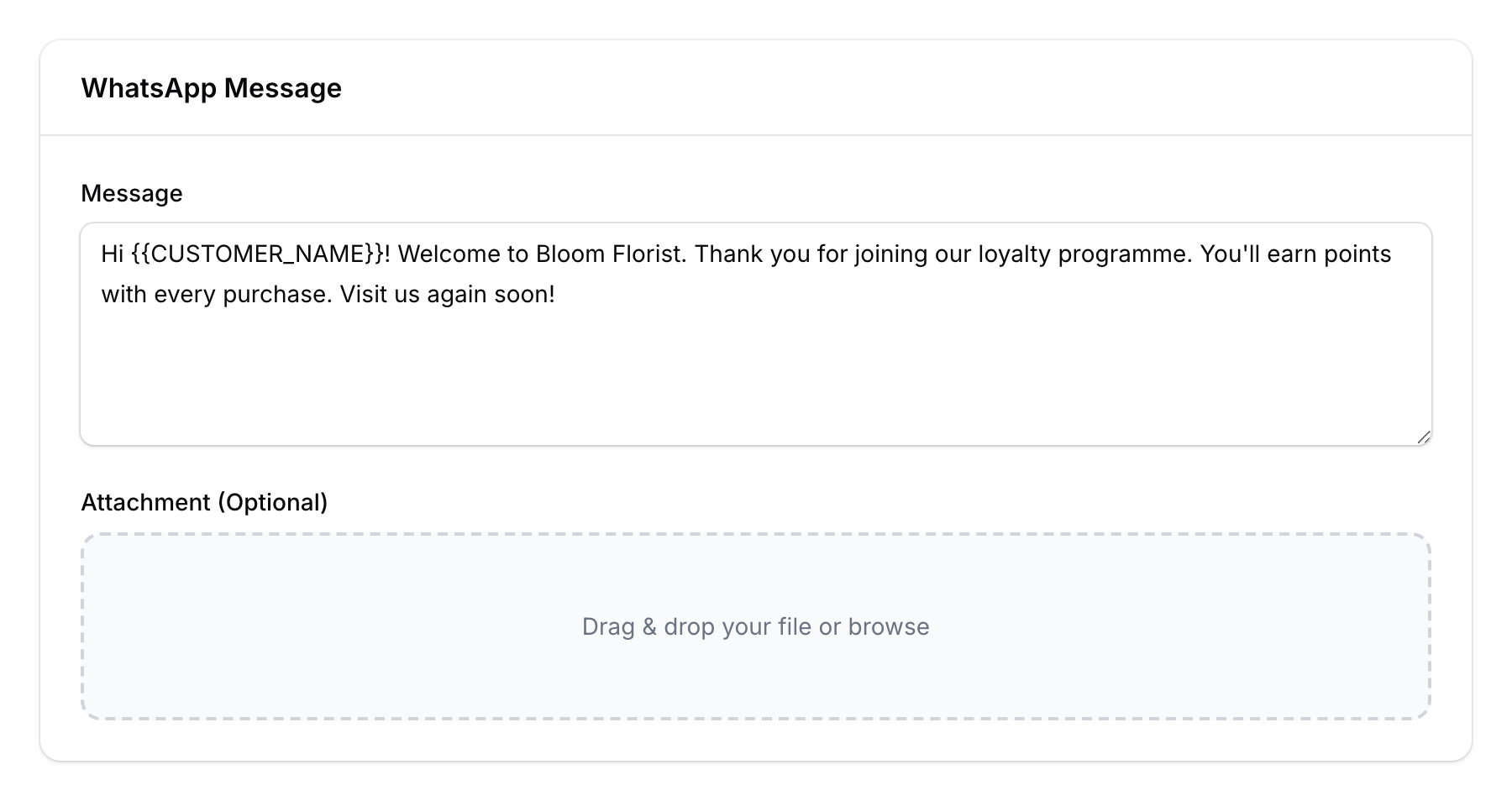 WhatsApp message form showing a welcome message with template variable CUSTOMER_NAME