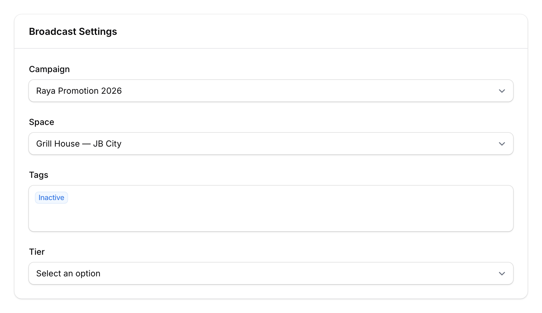 Broadcast form showing campaign selection and customer filter options including space, tags, tier, and specific customers