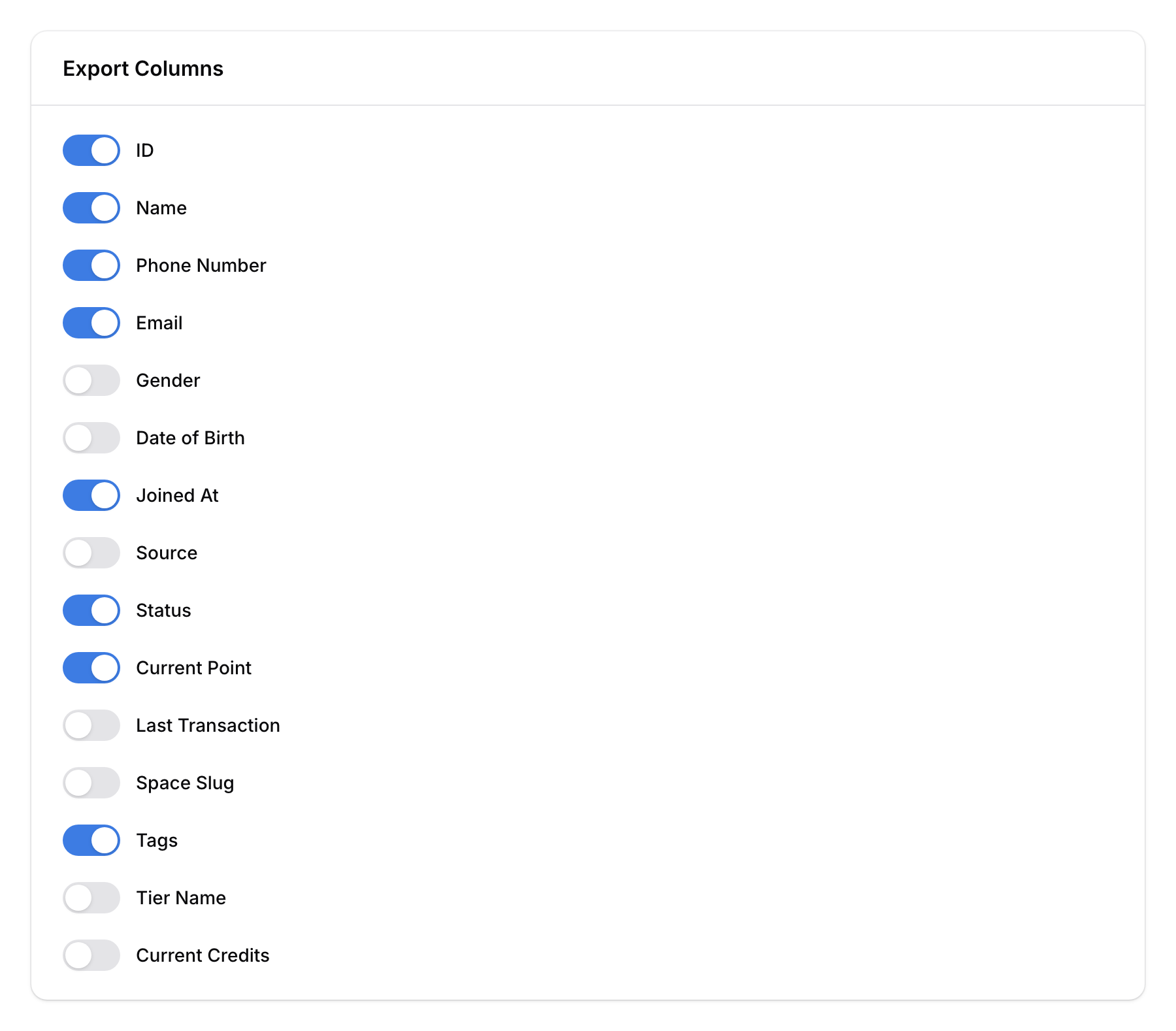 Export column toggles for selecting which customer data fields to include