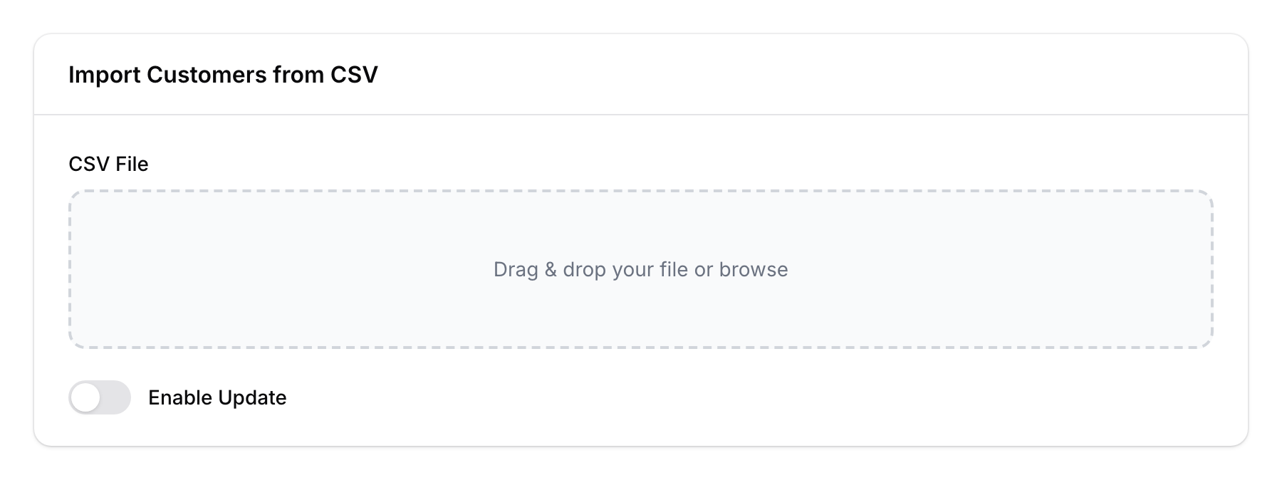 Import Customers from CSV modal showing file upload, column mapping dropdowns, and Enable Update toggle