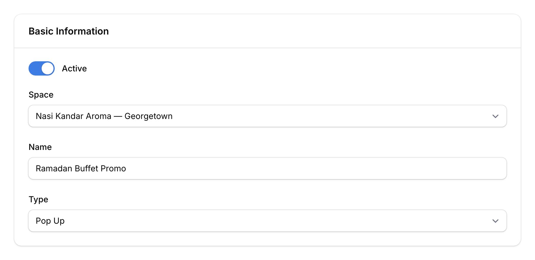 Announcement form showing active toggle, space, name, and Pop Up type selection