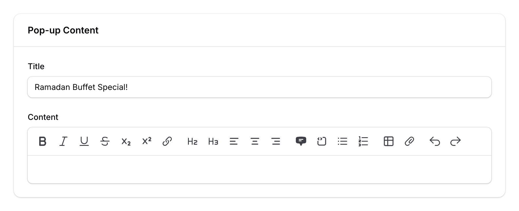Pop-up content form showing title and content text area