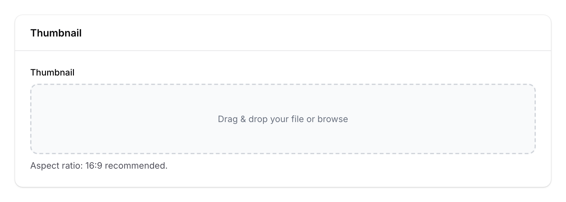 Thumbnail upload field with drag and drop area showing 16:9 aspect ratio requirement for news feed items