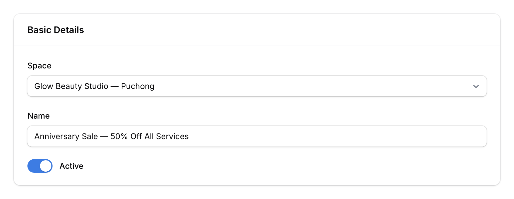 News feed basic details form showing space selector, name field, and active toggle