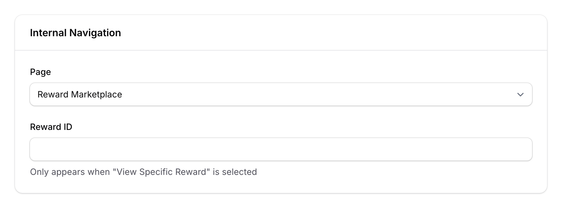 Internal Navigation page selector and reward ID fields for News Feed