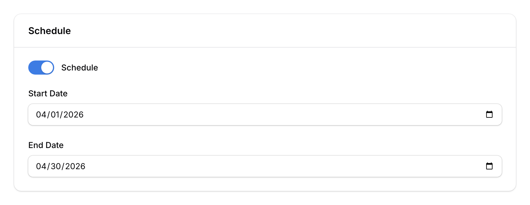Schedule toggle and period fields showing start and end date pickers for news feed