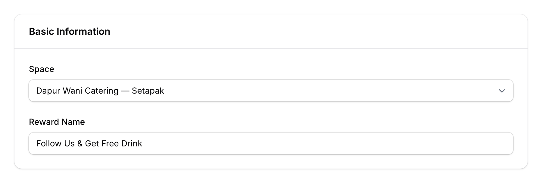 Scan and Share form showing space and reward name fields