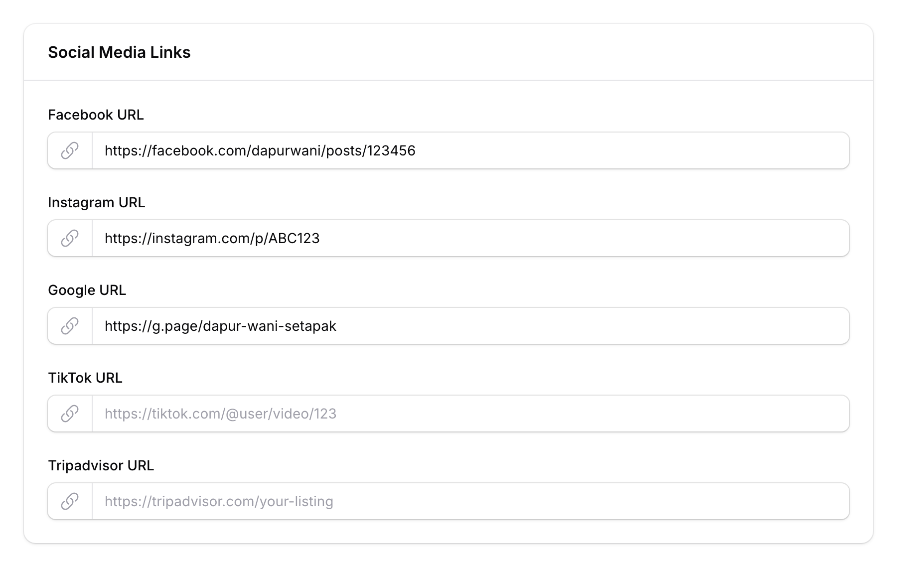 Social media URL fields for Facebook, Instagram, Google, TikTok, and Tripadvisor