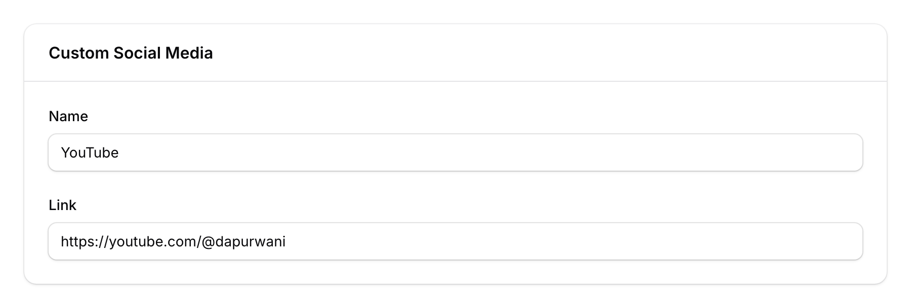 Custom Social Media section showing name and link fields for adding custom platforms