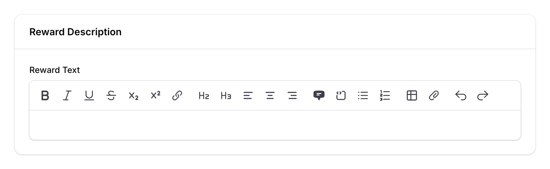 Reward Text rich text editor with formatted reward description