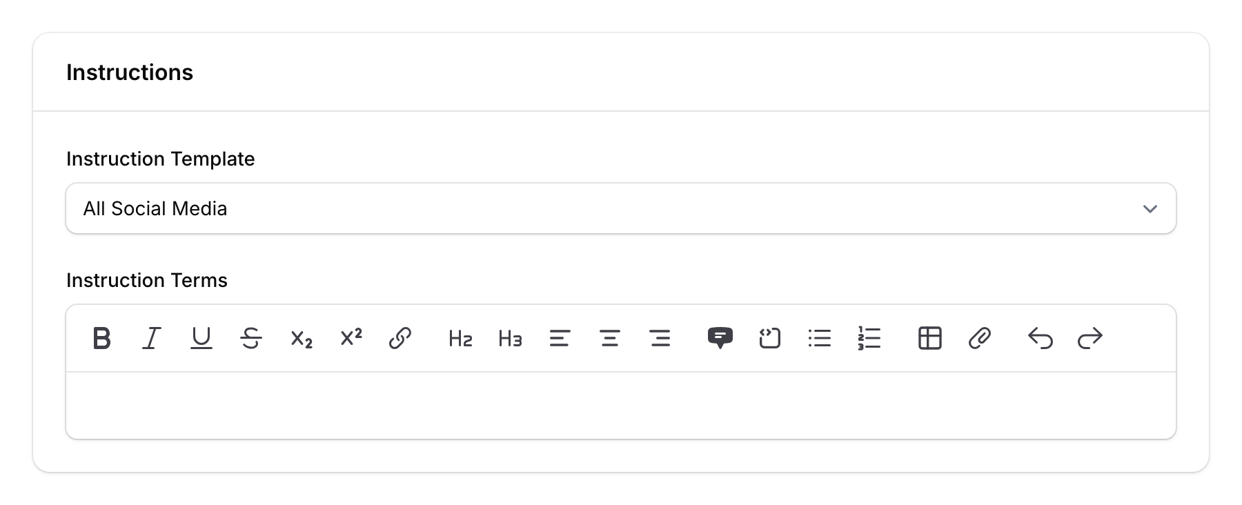 Instruction Template selector and Instruction Terms rich text editor