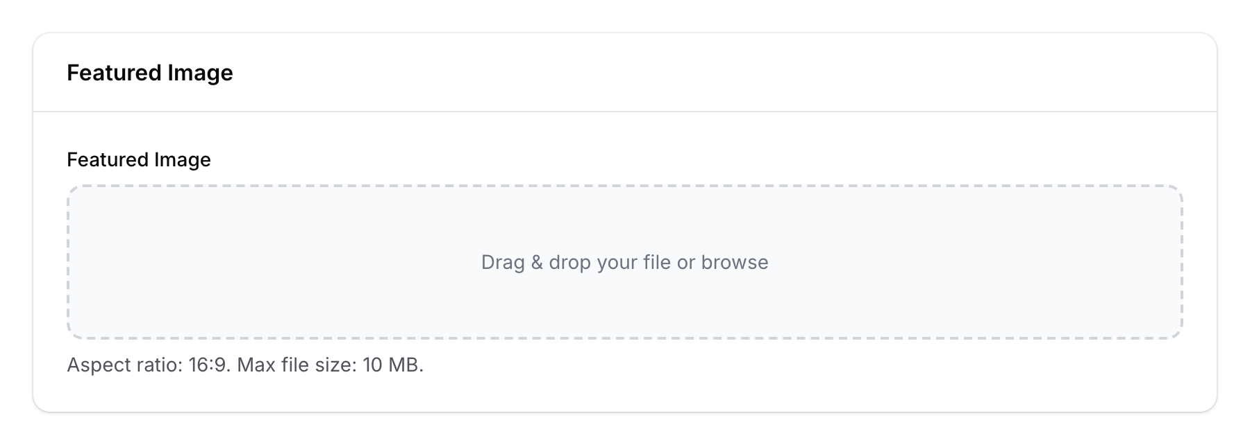 Featured Image upload field with drag and drop area showing 16:9 aspect ratio requirement