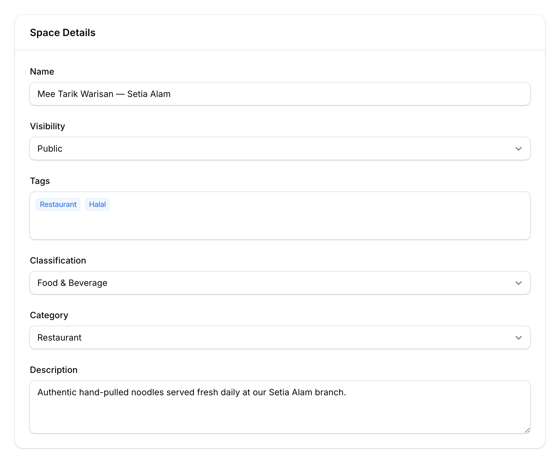 Space form showing name, visibility, and description fields