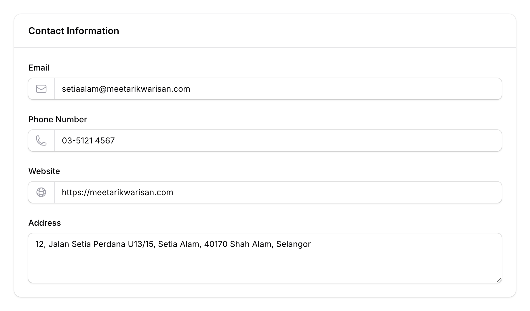 Space contact form showing email, phone, website, and address fields