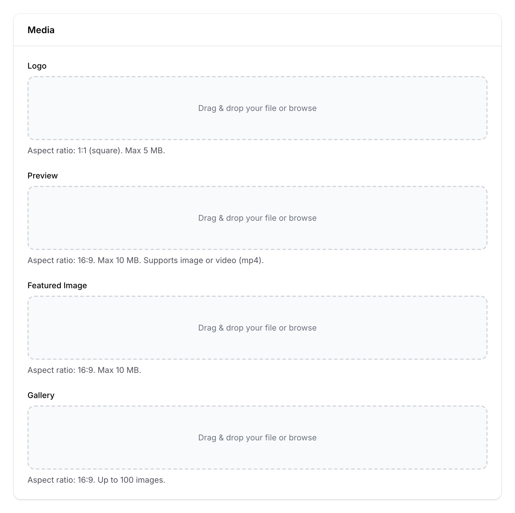 Media tab showing Logo, Preview, Featured Image, and Gallery upload fields with helper text for aspect ratios and file size limits