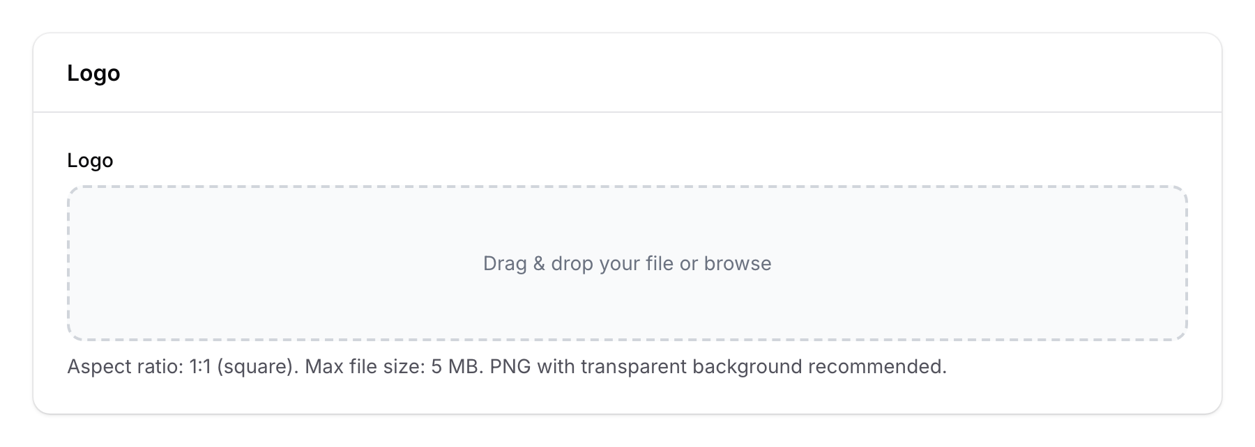 Logo upload field with drag and drop area showing 1:1 square aspect ratio and 5 MB maximum file size
