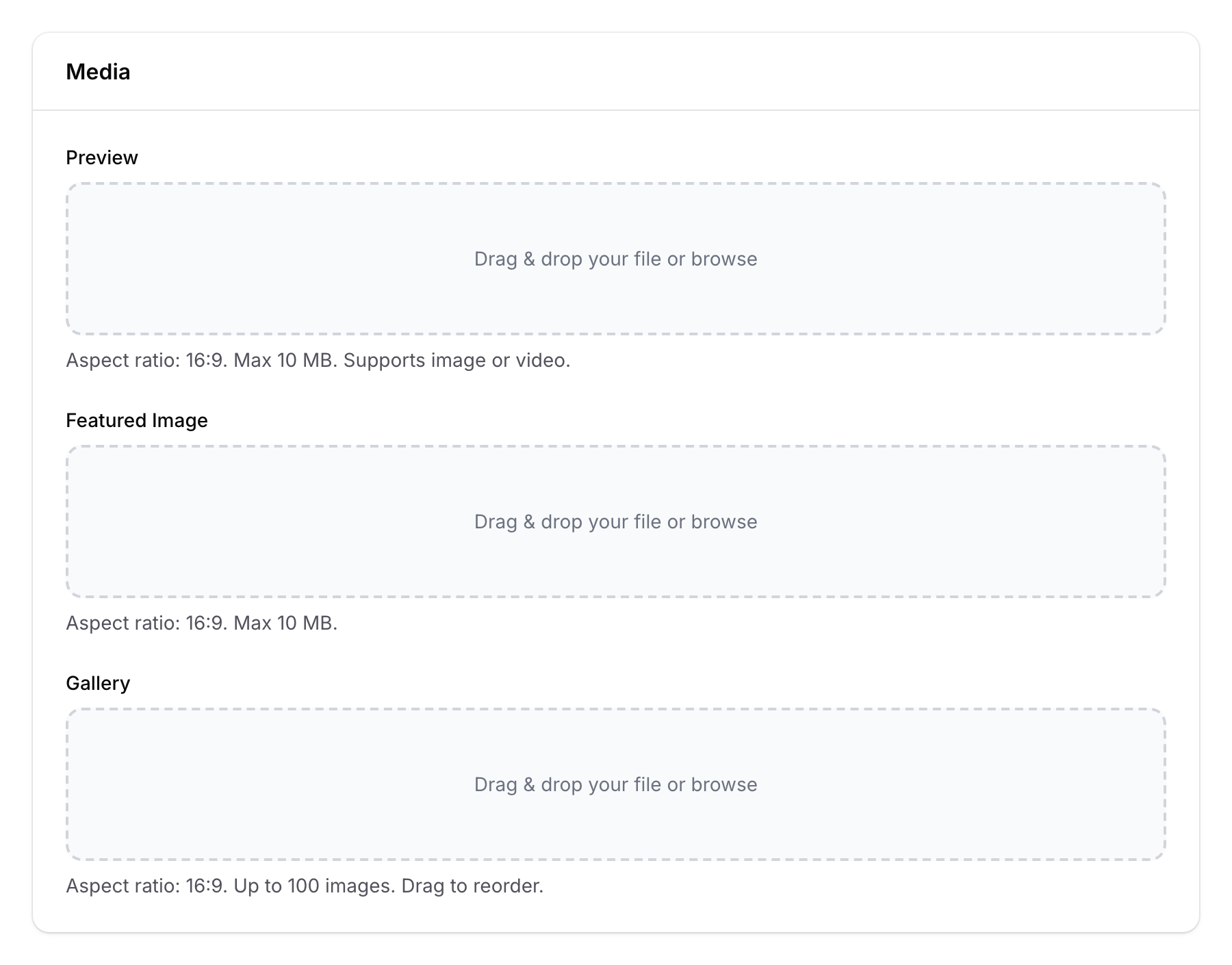 Media tab showing Preview, Featured Image, and Gallery upload fields with helper text for aspect ratios and file size limits