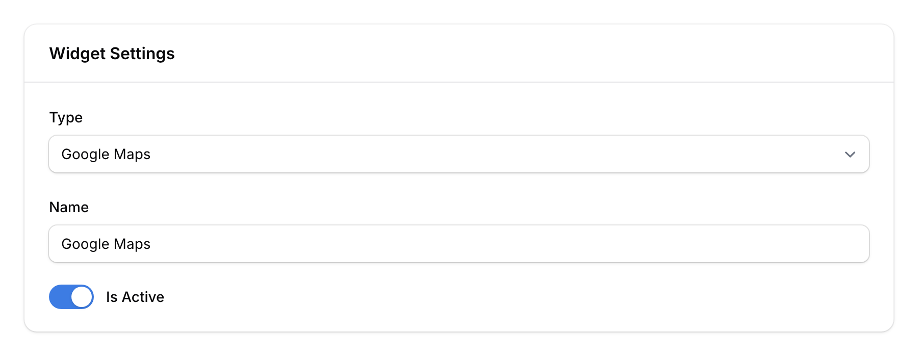 Widget creation form showing type dropdown, name field, and active toggle