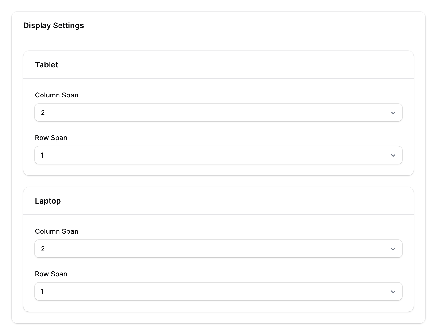 Widget display settings showing tablet and laptop column and row span selectors