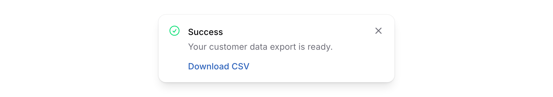 Success notification showing customer data export is ready with a Download CSV link